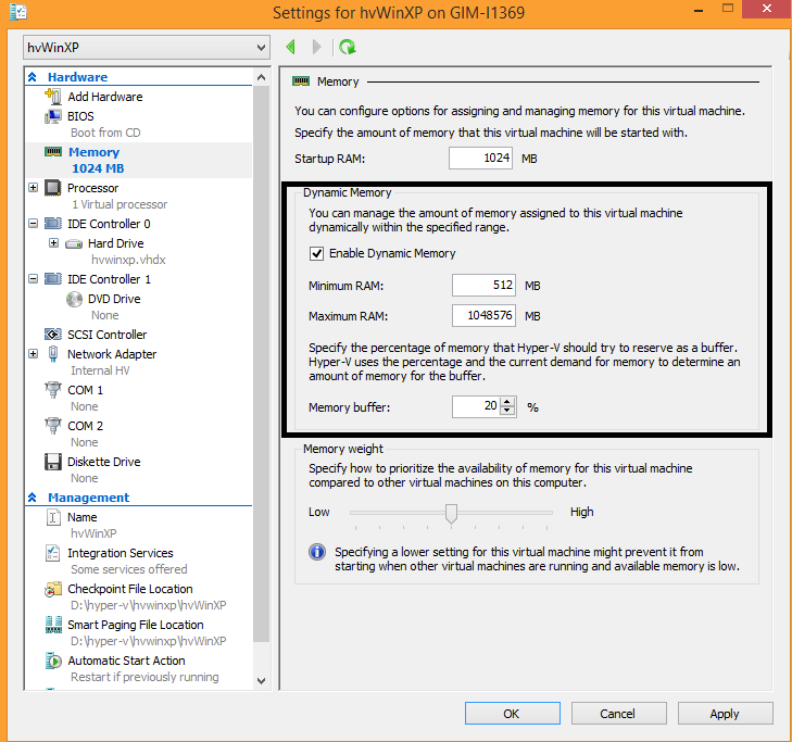 Hyper-V dynamic memory settings