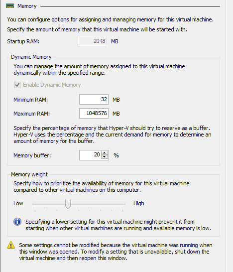 Hyper-V dynamic memory of powered VM