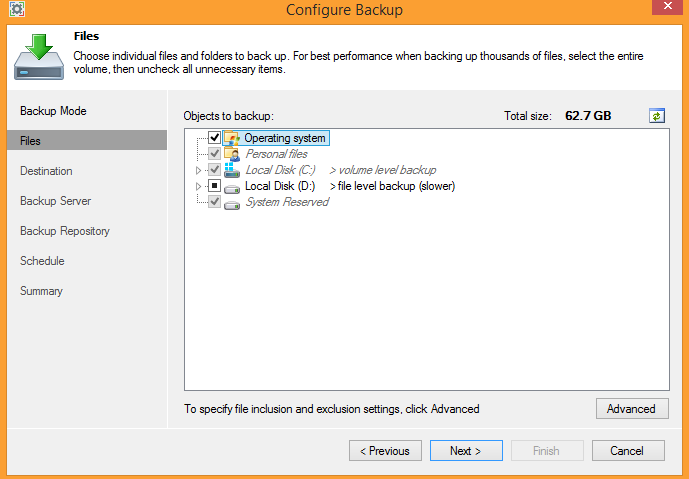 Selecting objects to backup in Veeam Endpoint Backup