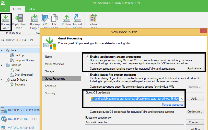 Edit Backup Job: Guest processing