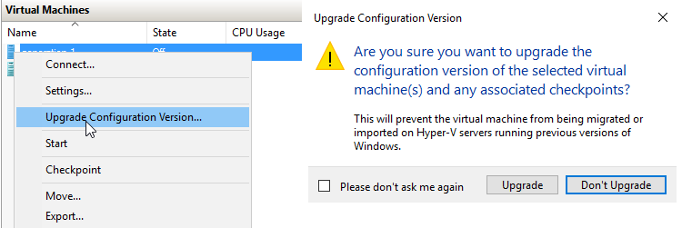 Hyper-V VM upgrade configuration version