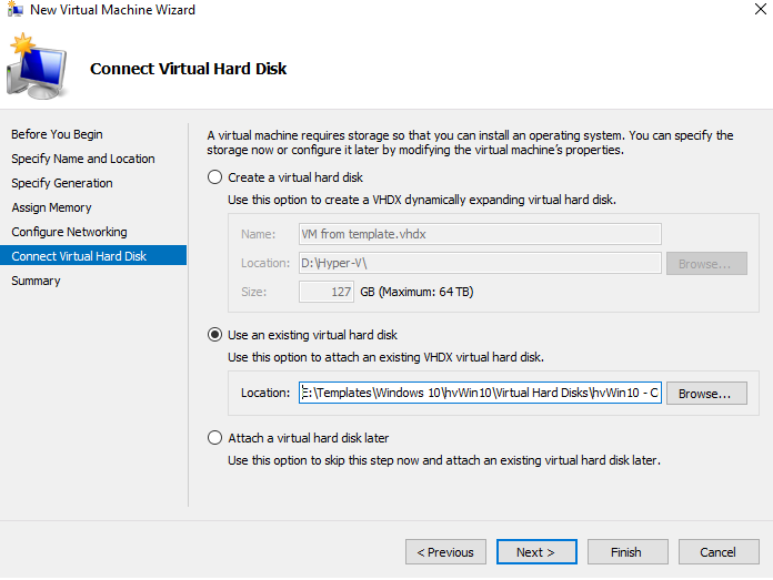 Figure 4. Attaching copied VHD(x) to a new VM