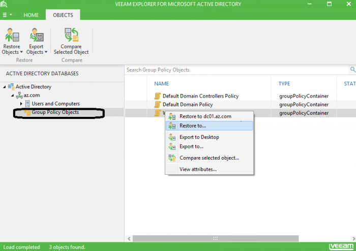 Figure 1. Veeam Explorer for Microsoft Active Directory GPO options