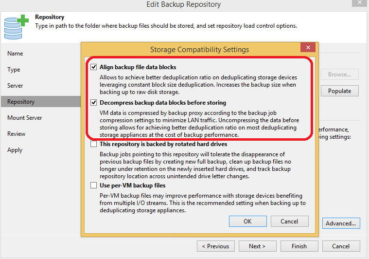 Figure 4. Backup repository settings to be used with Windows Dedup