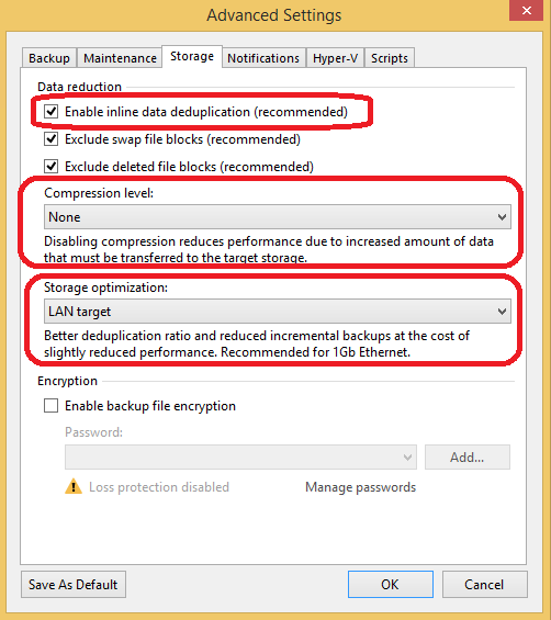 Figure 3. Veeam Backup Job settings for Dedup