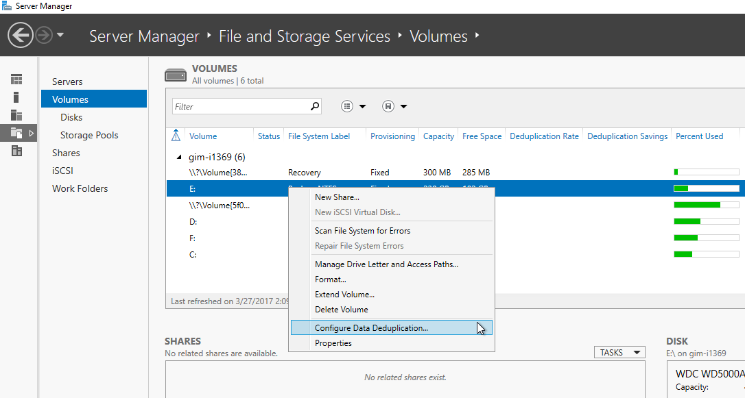 Figure 1. Enabling Dedup on disk volume