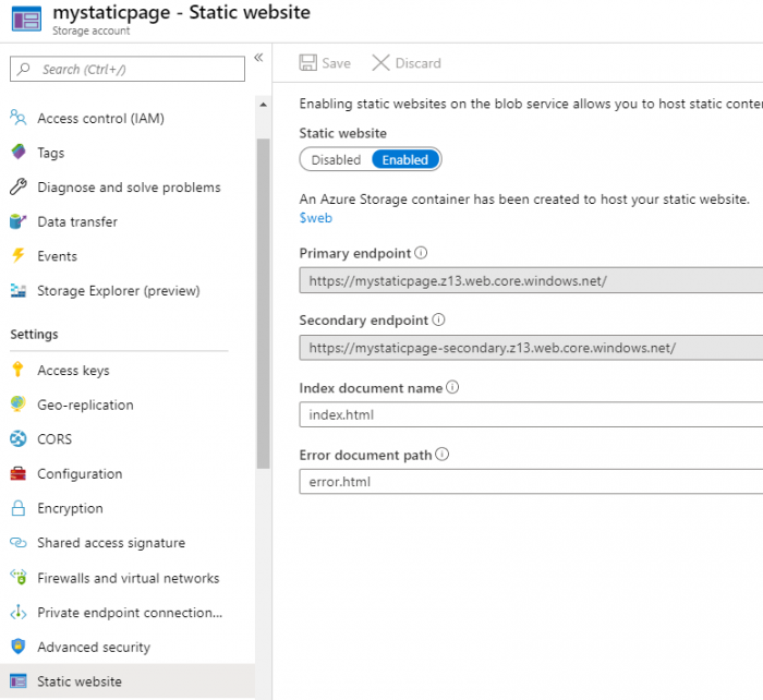 How to create a static website from an Azure Storage