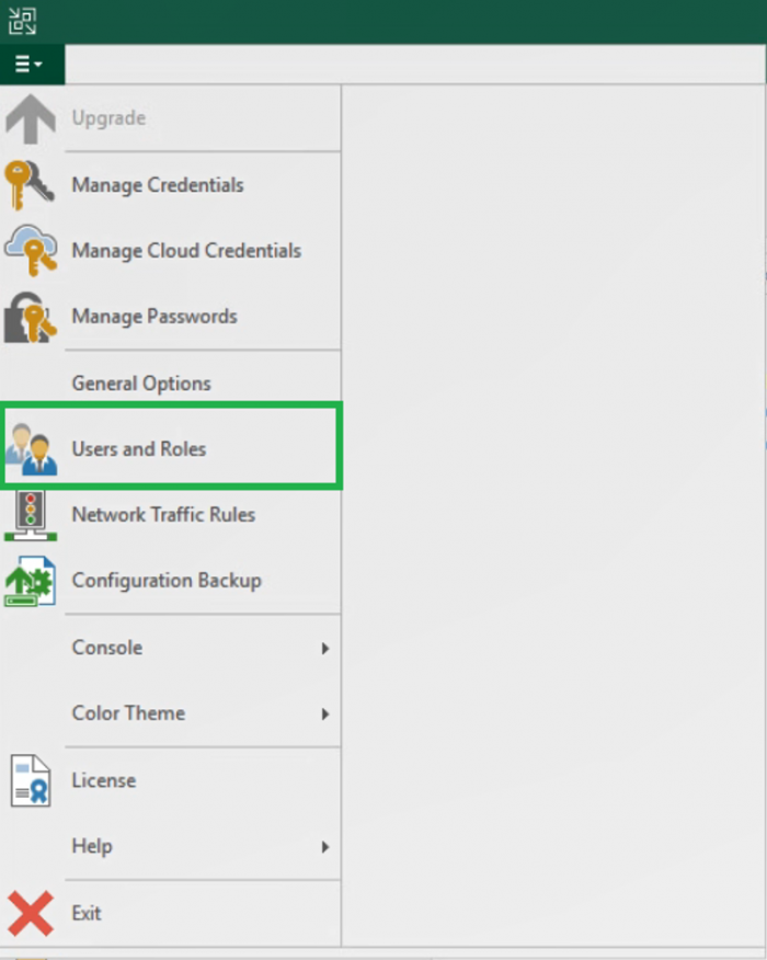 Navigating to "Users and Roles" section in the Veeam Backup & Replication console menu