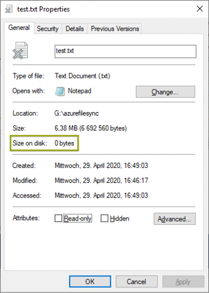 Figure 2: No disk space usage of files that were tiered to cloud