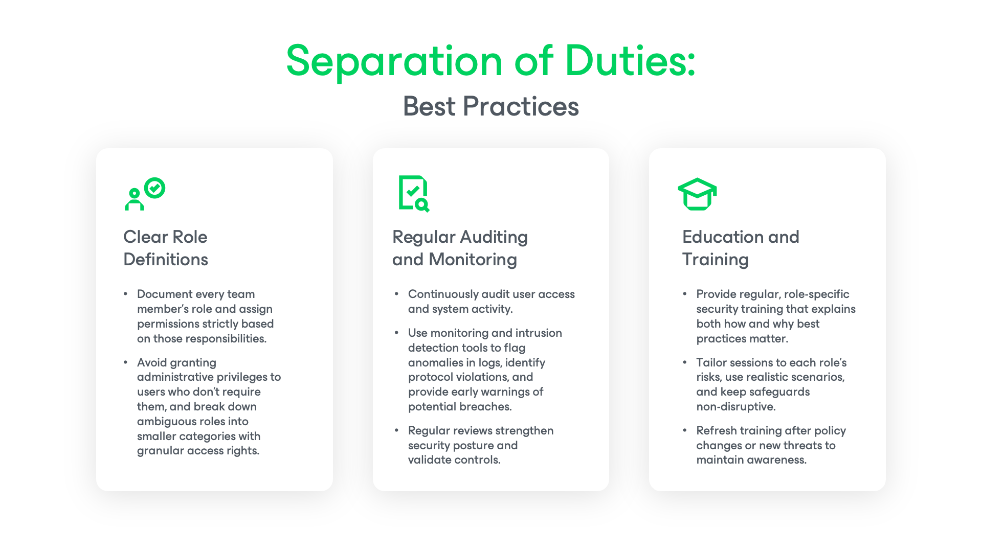 Infographic showing Separation of duties (SOD) in cybersecurity and best practices.