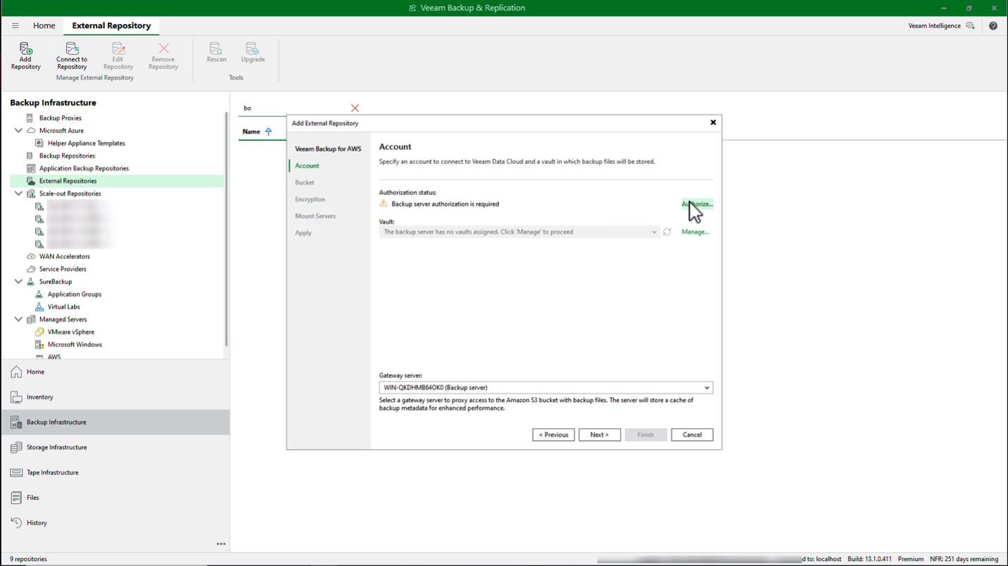 Veeam Backup & Replication console - Account