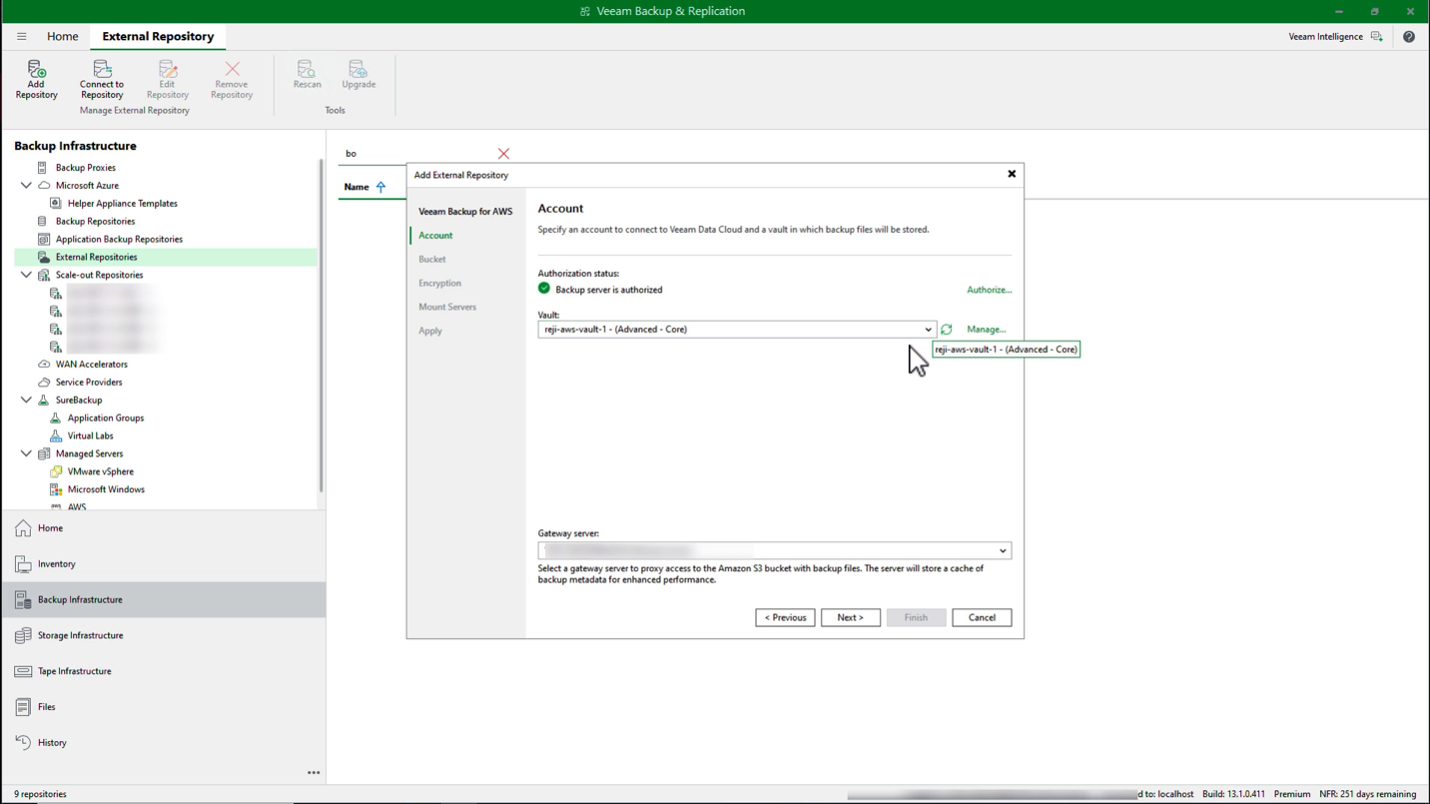 Veeam Backup & Replication console - select account
