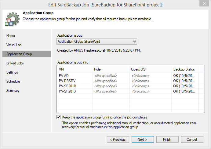 Creating a SureBackup job for your SharePoint Application Group